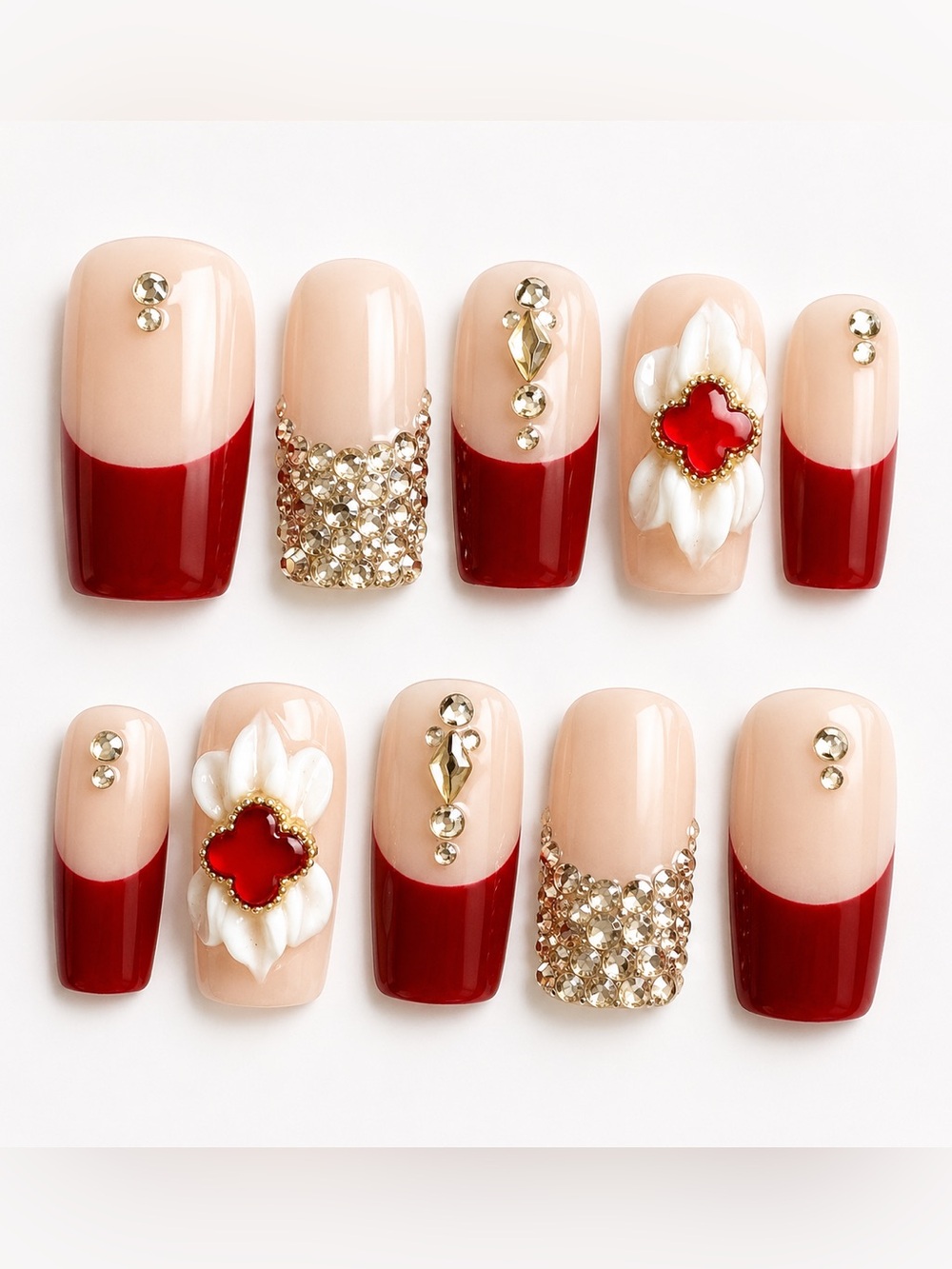 Red French Tip Press-On Nail Set with Gold Rhinestones